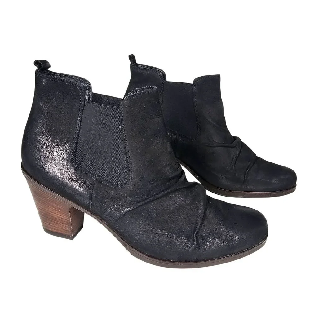 Paul Green Munchen Leather Ankle Chelsea Boots‎ Scrunch Heel Black Womens 6.5